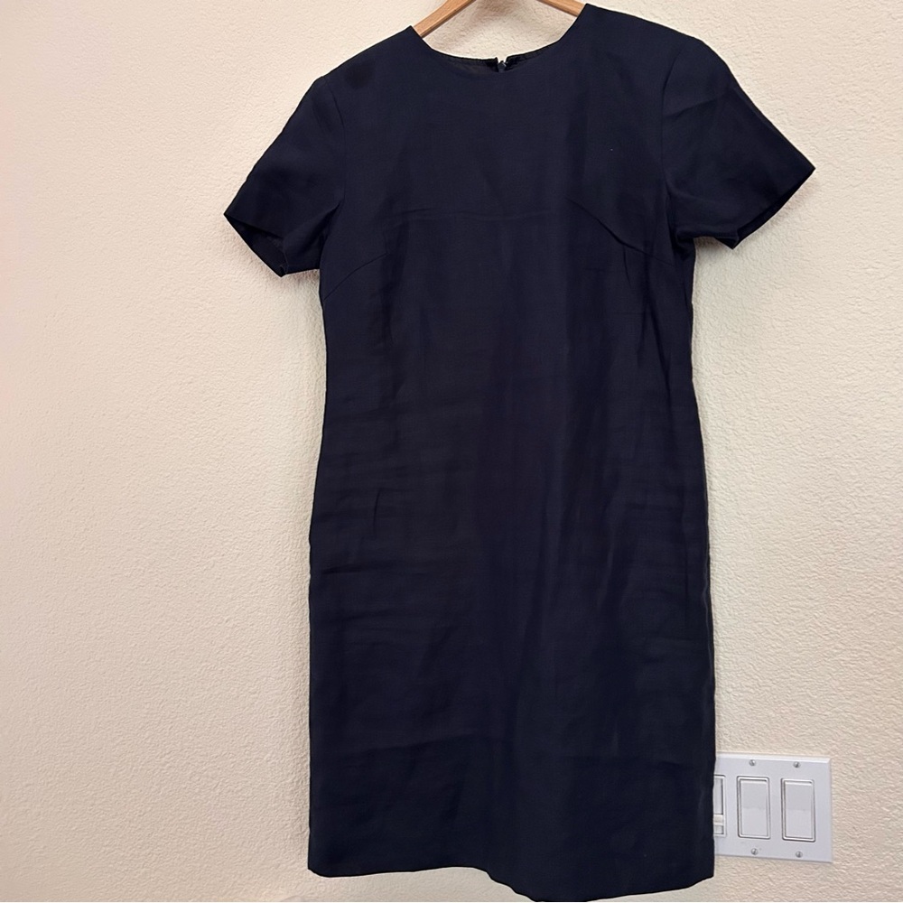 Talbots Navy Blue Linen Sheath Dress Women’s Size 8 Lined Back Zip crew neck